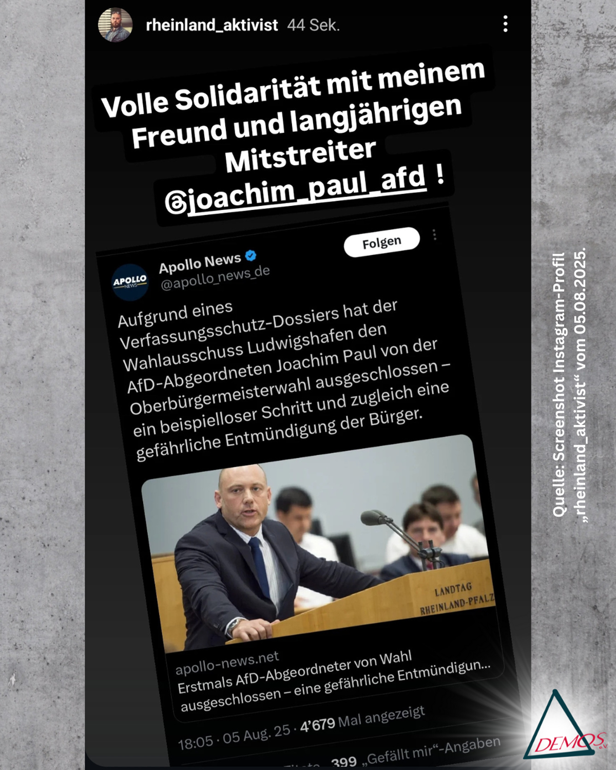 Screenshot Instagram-Profil „rheinland_aktivist“ vom 05.08.2025.