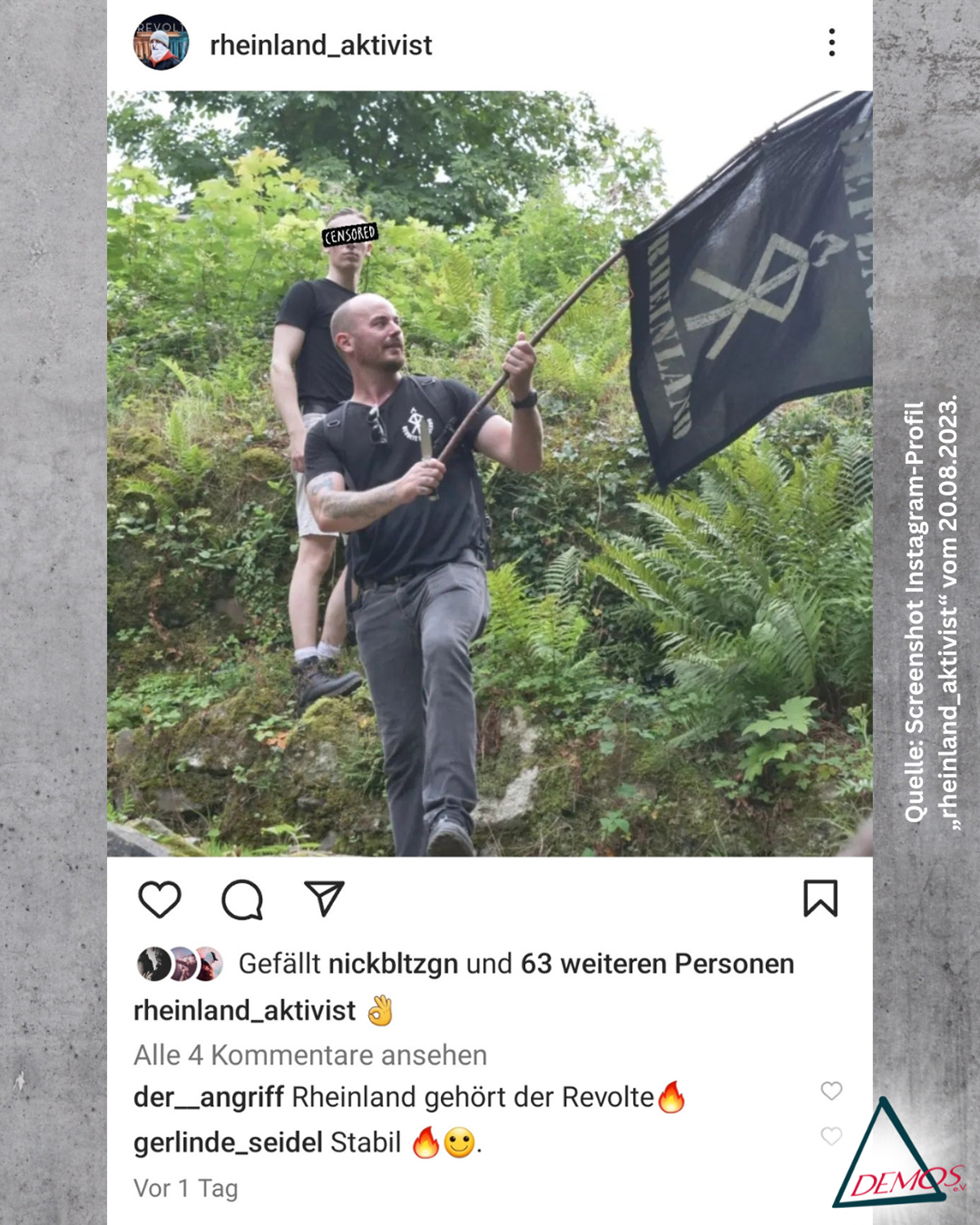 Screenshot Instagram-Profil „rheinland_aktivist“ vom 20.08.2023.